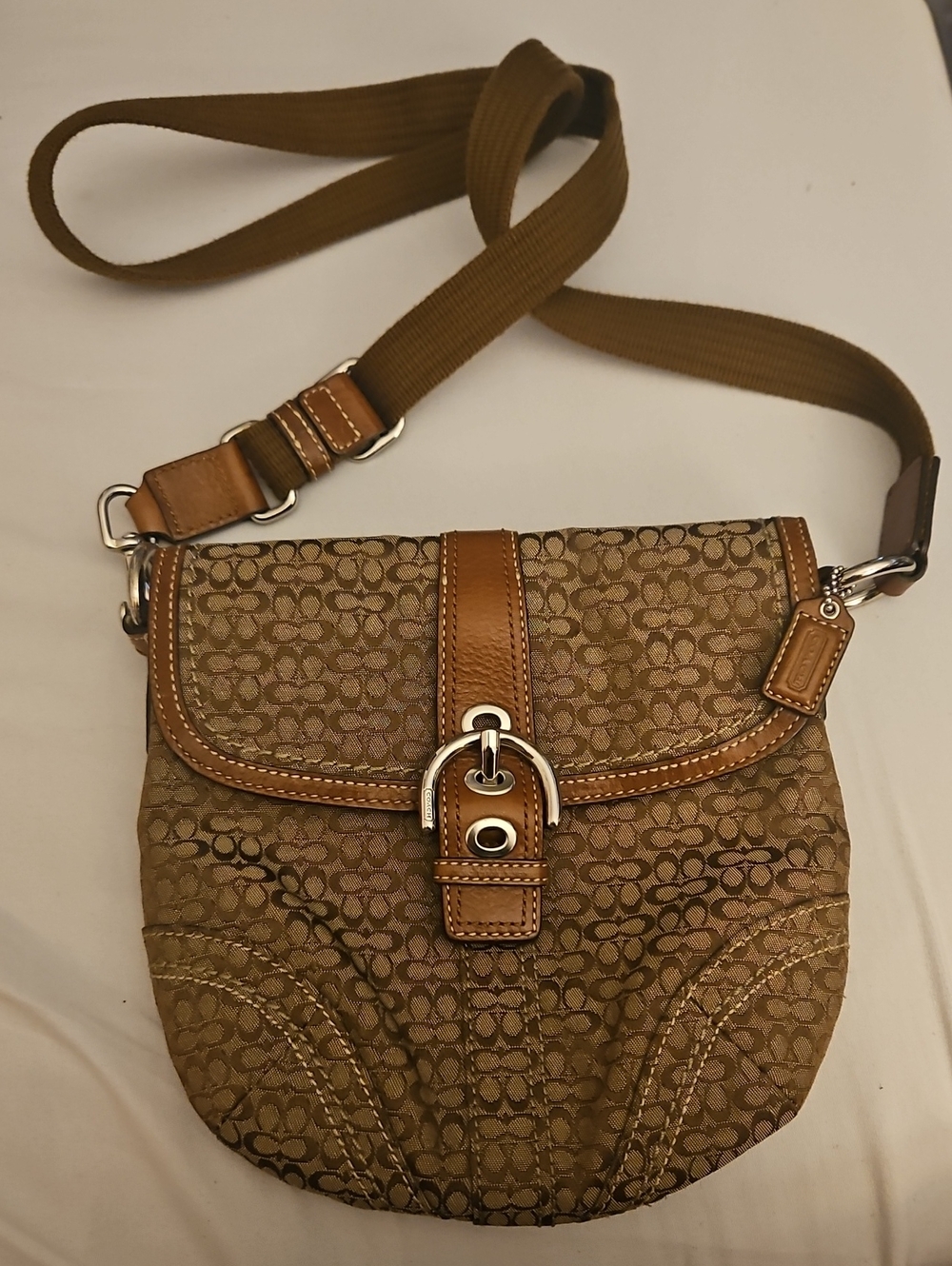 Coach Tan Signature Canvas Crossbody Bag with Leather Trim VINTAGE